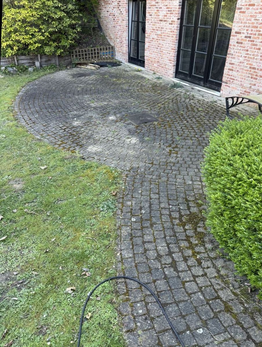 Circular patio before cleaning, covered in moss