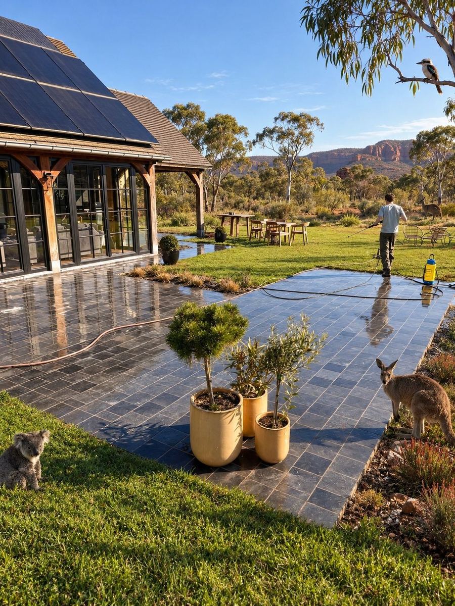 High-pressure cleaning of a natural stone patio, mid-service
